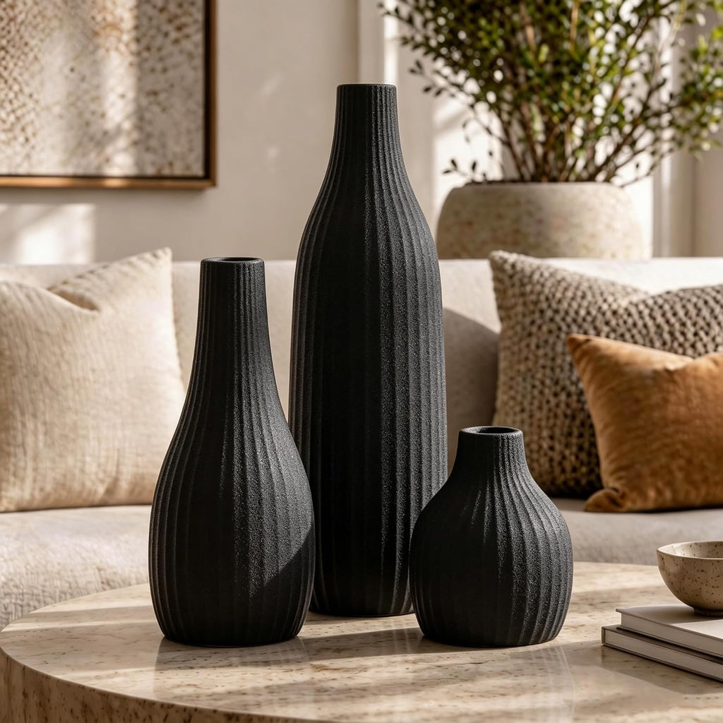 Minimal Line Black Ceramic Vase Set of 3, Matte Decorative Flower Vases