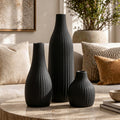 Minimal Line Black Ceramic Vase Set of 3, Matte Decorative Flower Vases