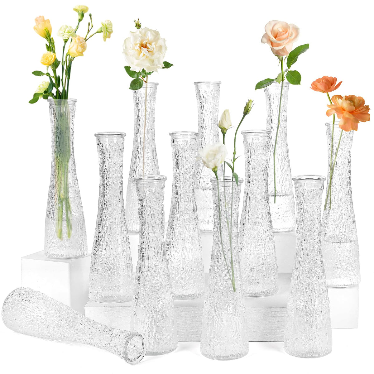 Glass Bud Vases Bulk 12 Pcs - Golden Water Ripple Wedding Centerpiece Vases, Small Flower Vases for Table Decor, Party Events & Home Decor