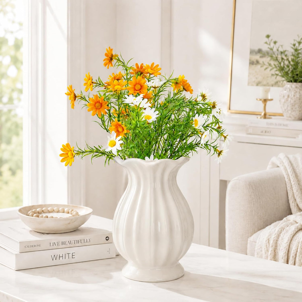 White Ceramic Vase, 7.8 Inch Farmhouse Flower Vase for Home Decor