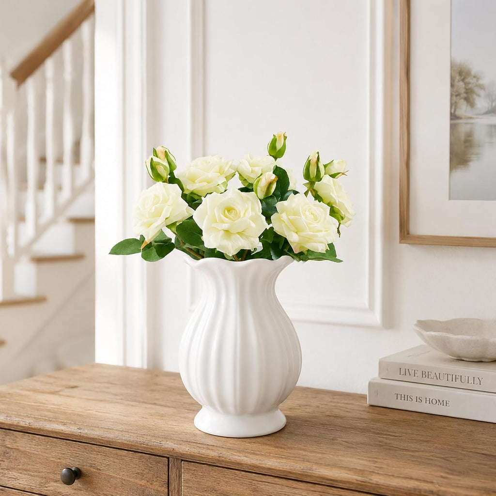 White Ceramic Vase, 7.8 Inch Farmhouse Flower Vase for Home Decor