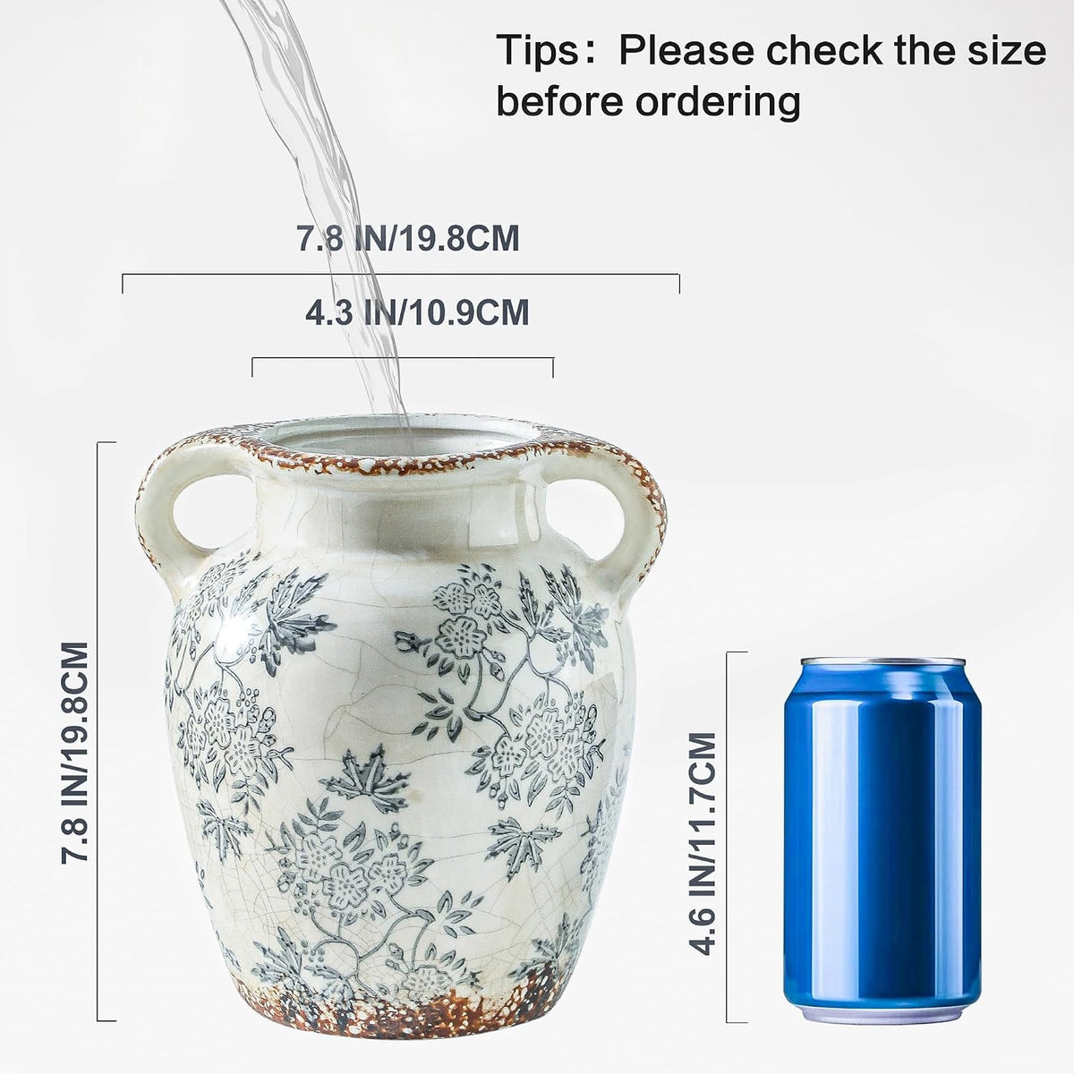 Enra Blue and White Ceramic Vase with Handles, Chinoiserie Floral Decor
