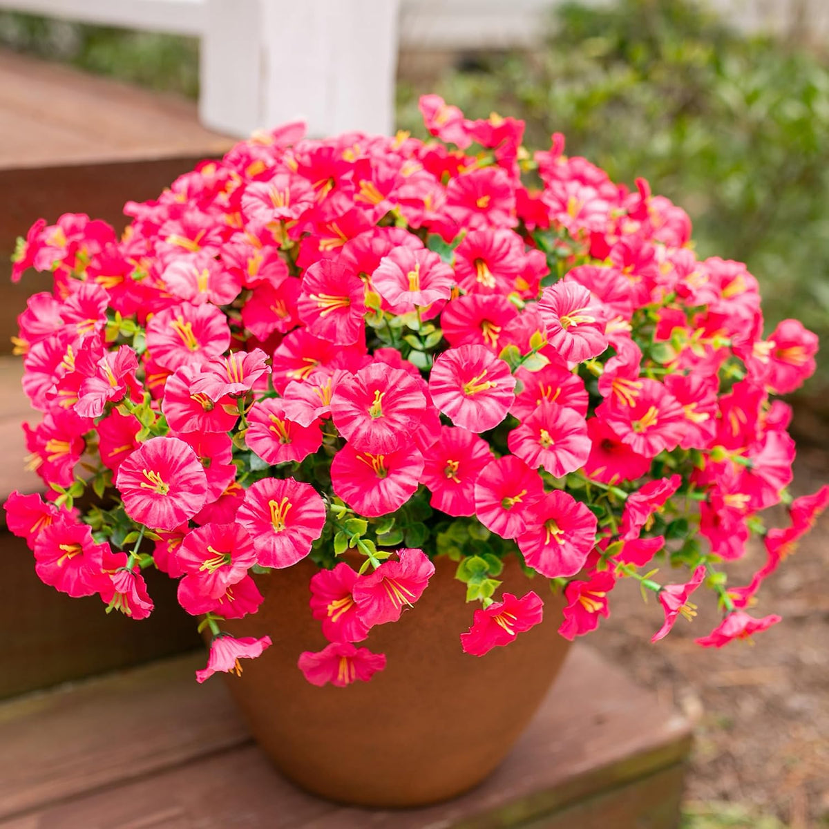 Fake Plants Artificial Flowers for Outdoor Outside Decor, 12 Bundles Faux Flowers Silk Hot Pink Morning Glory with Eucalyptus Look Real UV Resistant Faux Greenery for Planter Front Door Porch Patio