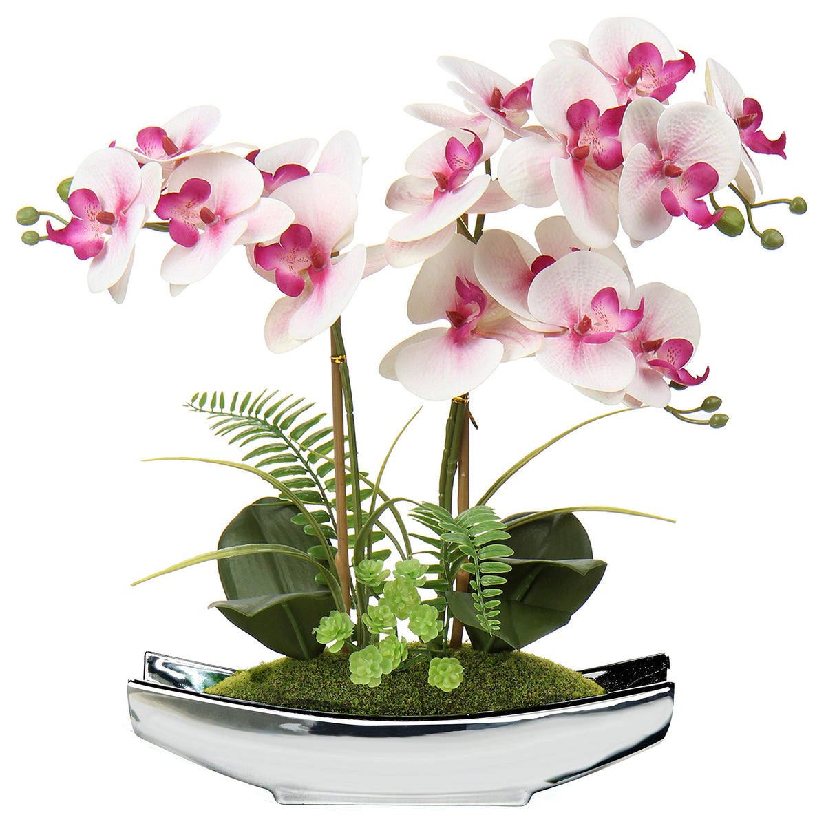 Briful 15" White Faux Orchid Arrangement in Silver Boat Pot Table Decor
