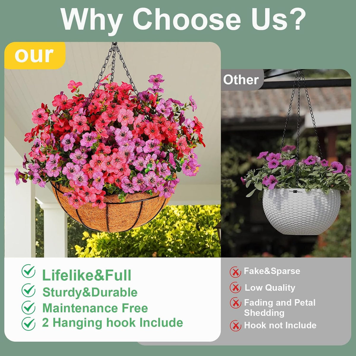 Artificial Outdoors Flowers with Hanging Basket, UV Resistant Fake Hanging Flowers for Spring Summer Decoration, Faux Silk Plants with Planters for Porch Home Patio Balcony Yard (Rose Red, Purple)