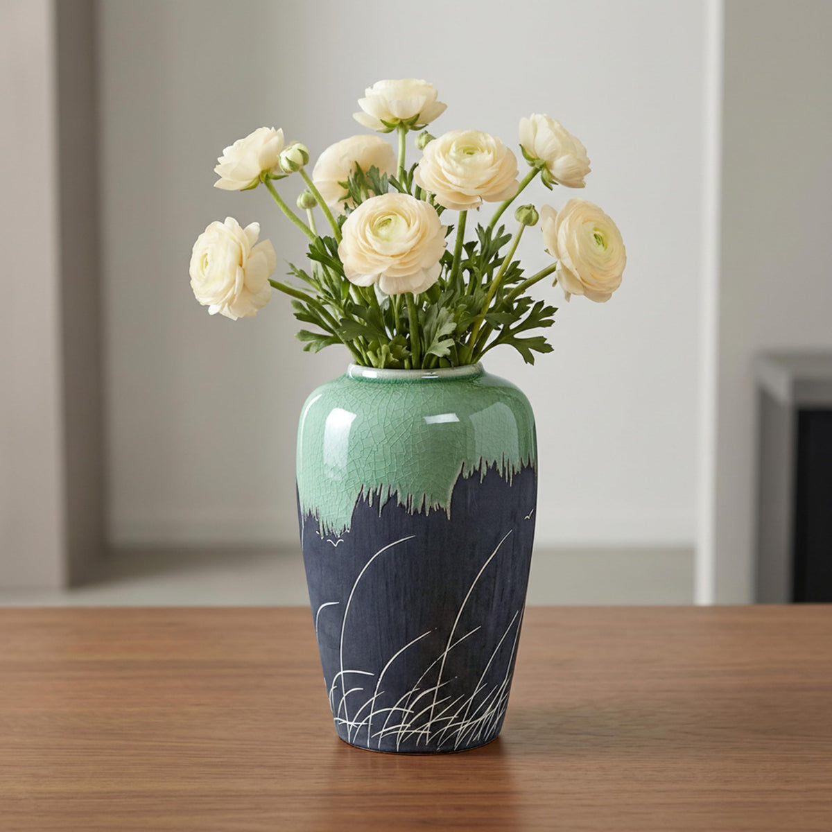 White Ceramic Vase for Centerpiece, 8 Inch Modern Vases Home Decor, Decorative Flower Vase for Pampas Grass, Coffee Table Living Room Small Shelf Kitchen Decor