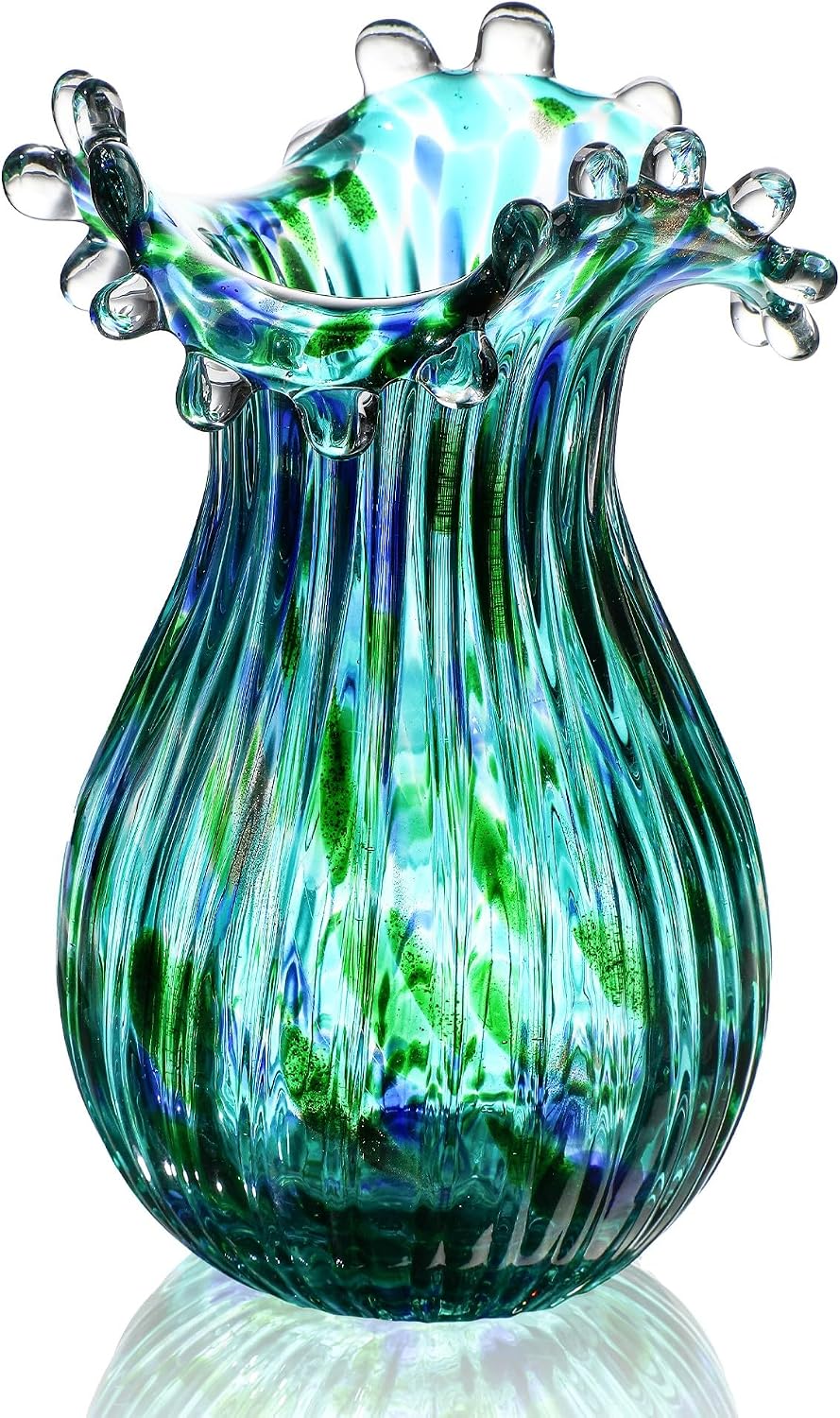 Green Glass Bubble Vase for Flowers, 8.5" Blown Glass Vase for Home Decor