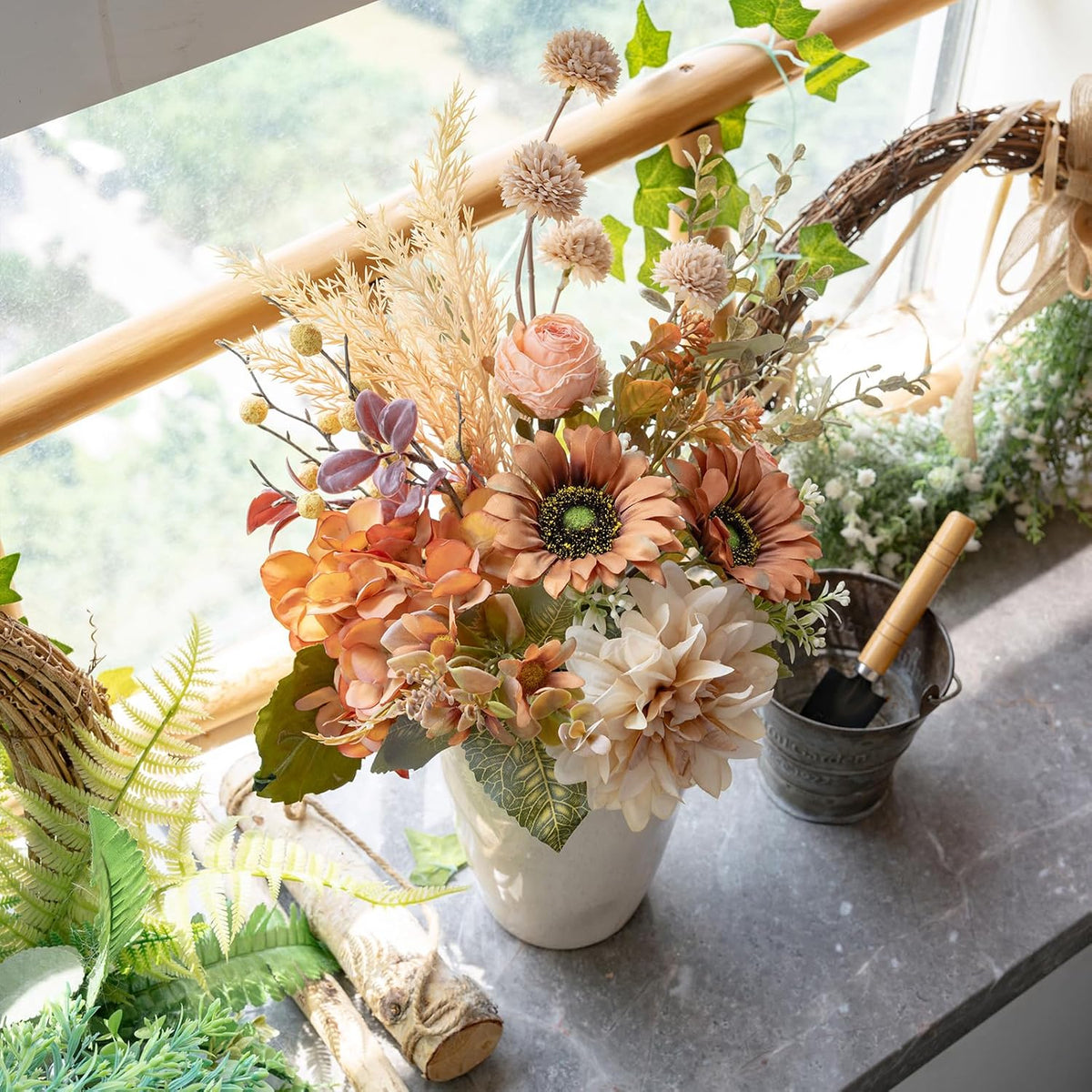 17-inch Artificial Fake Faux Flowers Silk Flower Arrangements Bouquets with Dandelions, Dahlias, Hydrangeas, Sunflowers, Roses, Astilbes and Shooting Star Branches(Autumn Haze)