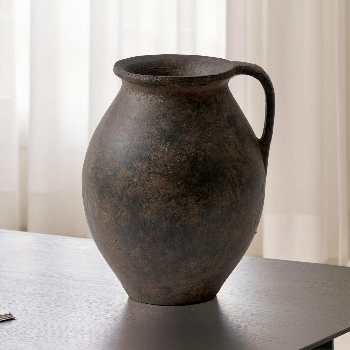 LB2 Black Ceramic Large Vase, 11.2" Tall Zen Style Vase, Terra Cotta Pitcher, Distressed Farmhouse Decor, Pottery Decorative Flower for Home Decor (D - Black 11.2")