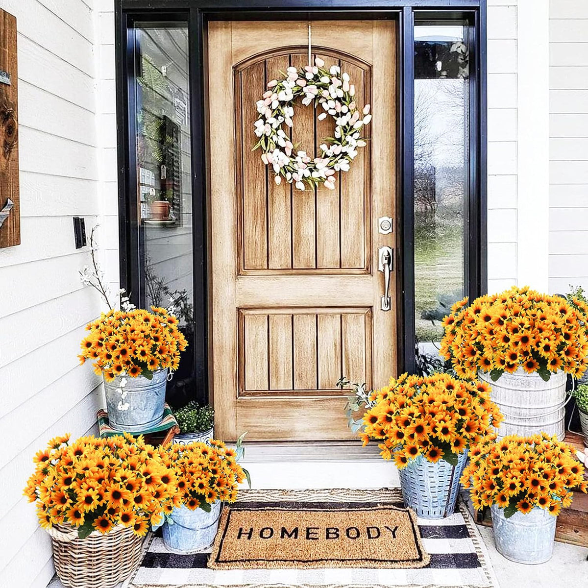 Uieke 6 Bundles Sunflowers Artificial Flowers Daisy Mums Fake Flowers Outdoor UV Resistant No Fade Fall Flowers 24 Stems Greenery Shrubs Indoor Outside Home Wedding Office DIY Garden Décor (Yellow)
