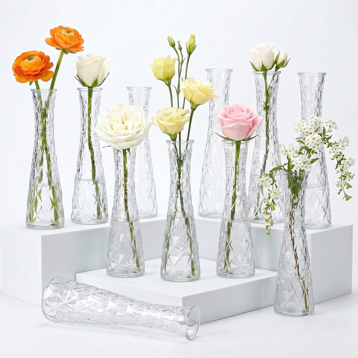 Glass Bud Vases Bulk 12 Pcs - Golden Water Ripple Wedding Centerpiece Vases, Small Flower Vases for Table Decor, Party Events & Home Decor