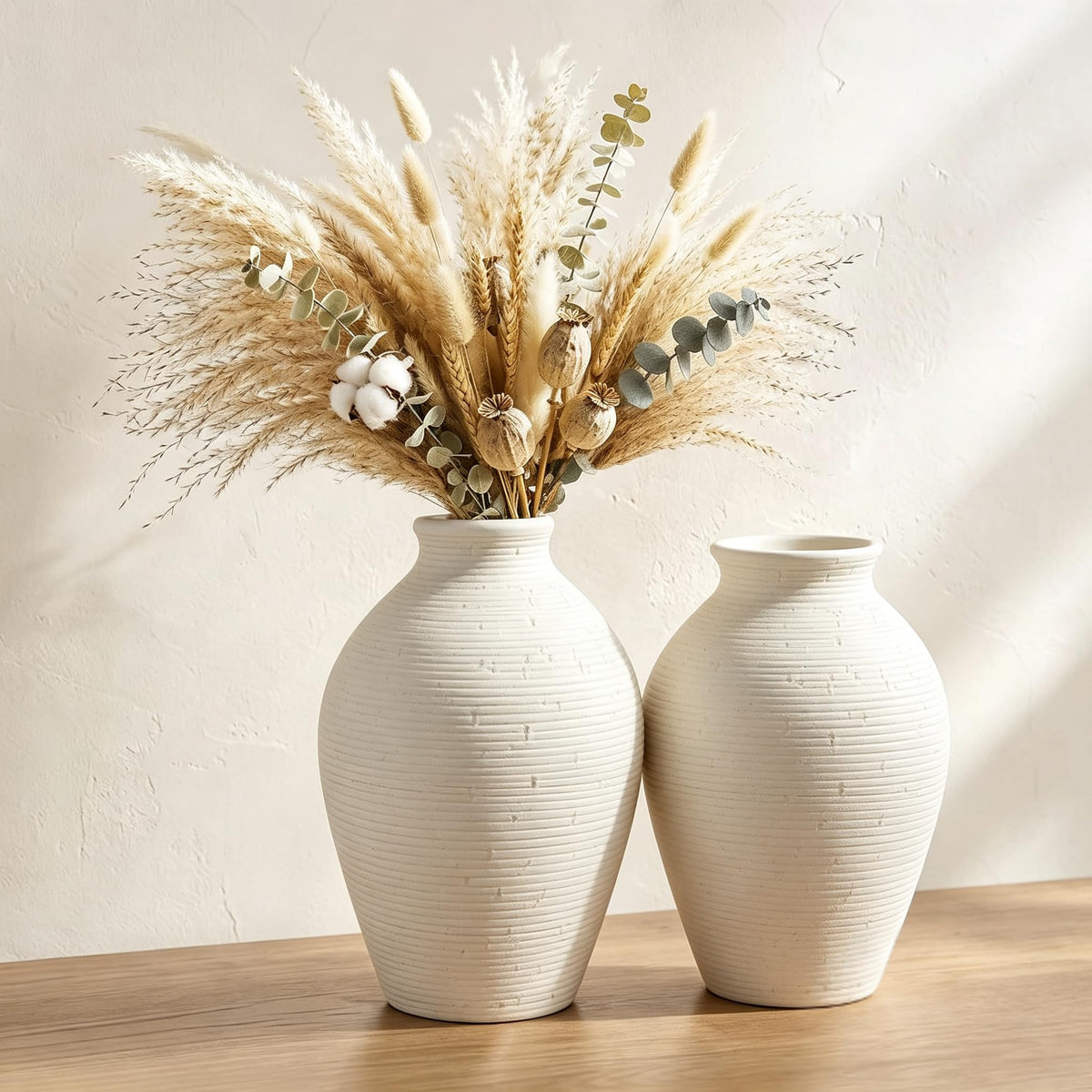 Ceramic Vase Set of 2 Ribbed Matte Rustic Farmhouse Decor