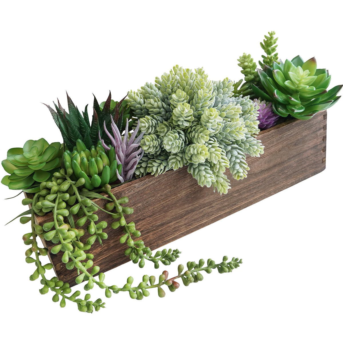 Winlyn 14" Artificial Boxwood Plant Greenery Arrangement Faux Boxwood in Black Rectangular Wooden Planter Potted Herb Plant for Farmhouse Home Decor Wedding Windowsill Mantel Shelf Table Centerpiece