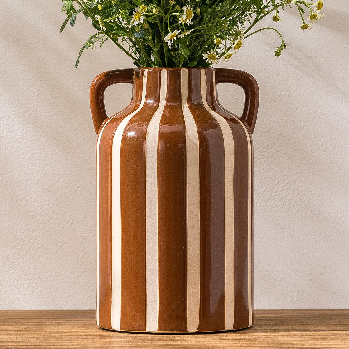 SURE YUESI Black Ceramic Vase with Handles, 9.1 Inch Striped Flower Vase for Halloween Decor, Modern Farmhouse Vase for Pampas Grass, Shelf Decor, Dining Table Centerpiece