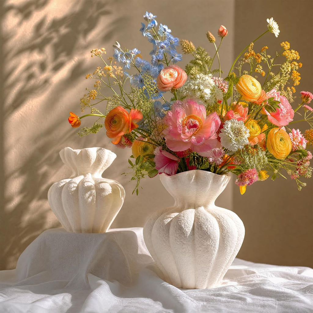 Sylve Ceramic Flower Vase Home Decor, 8.27 Inch White Textured Flower Shaped Vase, Handmade Modern Minimalist Decor for Table Centerpiece Living Room