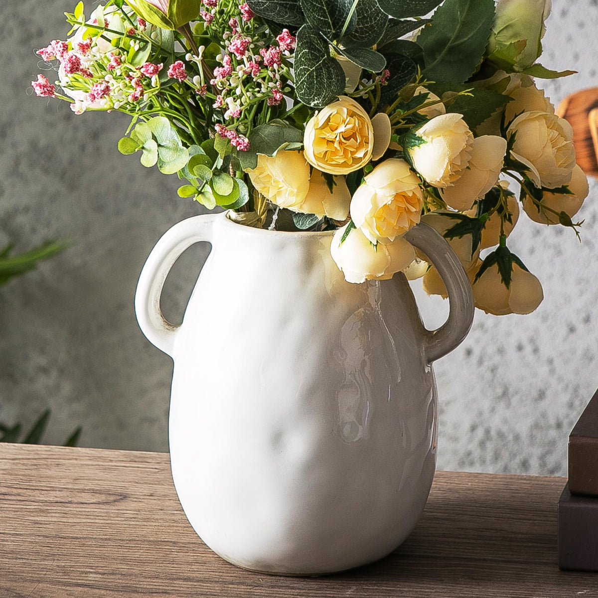 Blue Ceramic Vase with 2 Handles, Modern Farmhouse Vases for Home Decor, Rustic Pottery Vase, Decorative Terracotta Vases for Pampas Grass, Clay Jug for Living Room Dining Table Shelves