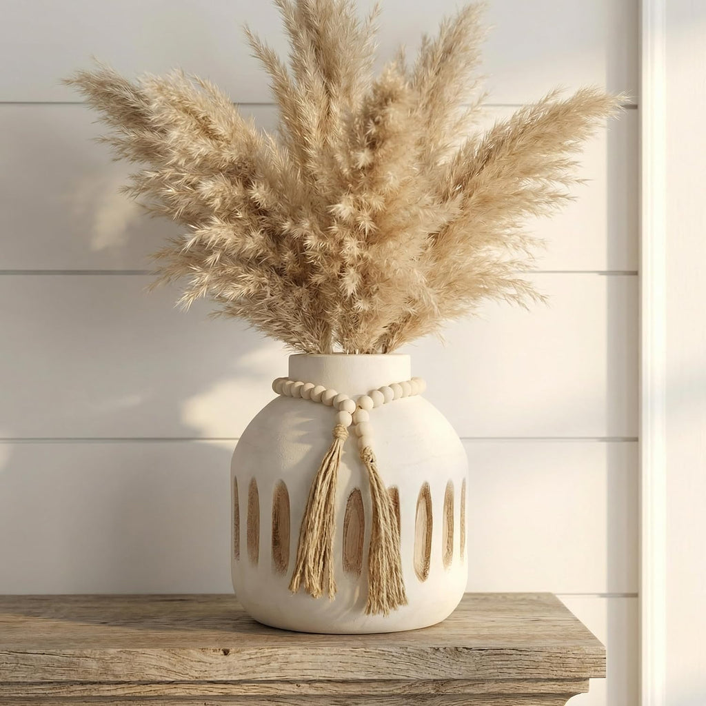 Handmade Wooden Vase with Decorative Beads and Tassels