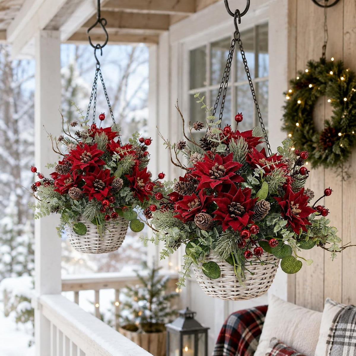 2Pcs Christmas Artificial Flowers Poinsettia Bouquet Winter Décor