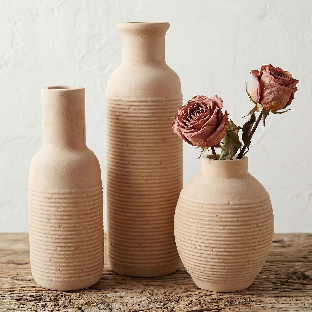 Rustic Farmhouse Vase Set of 3 - Ceramic Decorative Vases Home Decor - Pampas Grass Dried Fresh Flowers - for Centerpiece, Table, Mantel Entryway, Kitchen, Bedroom (White2)