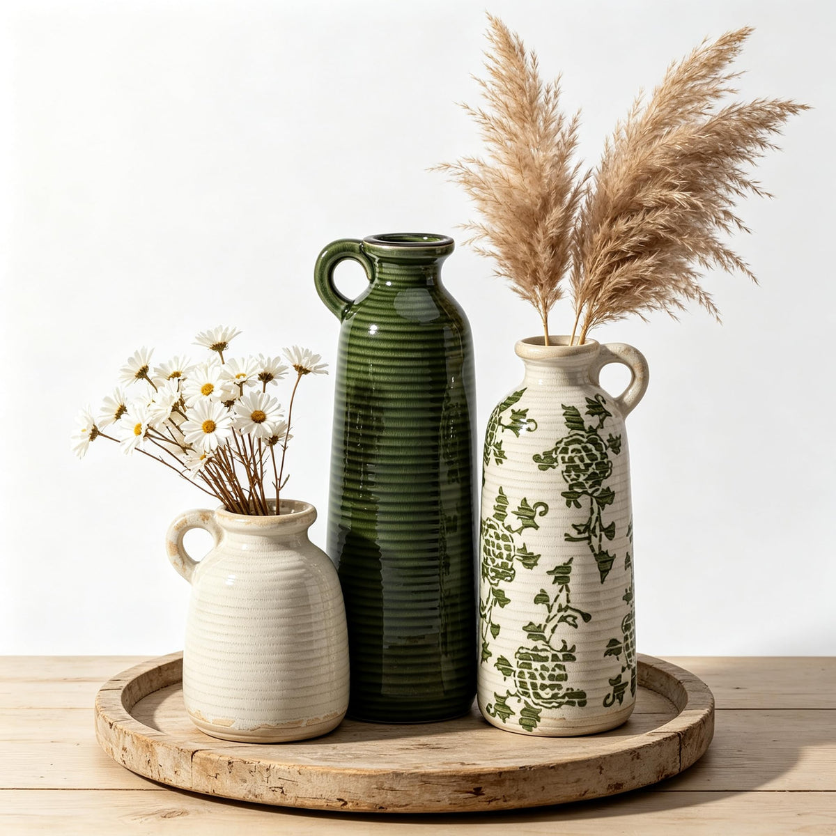 Ceramic Vintage Vase Set of 3, Green and White Crackle Glaze, Chinoiserie Floral Decor for Farmhouse Shelf, Table Centerpiece, Mantel, Living Room & Office