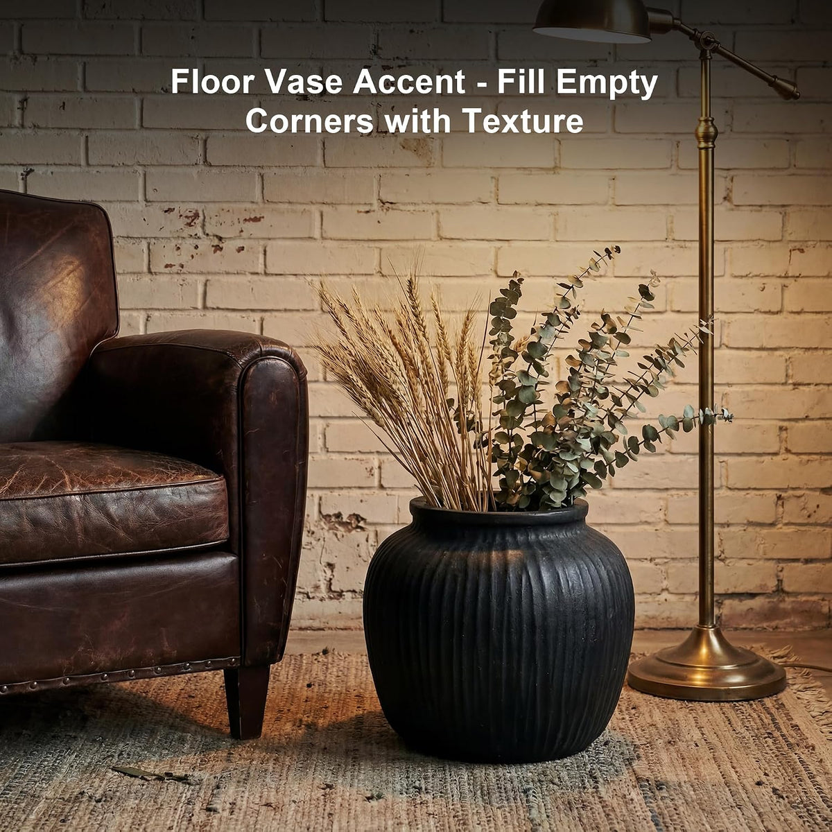 Oakrain Large Vase with Vertical Ribbed Texture, 11" Black Round Vase