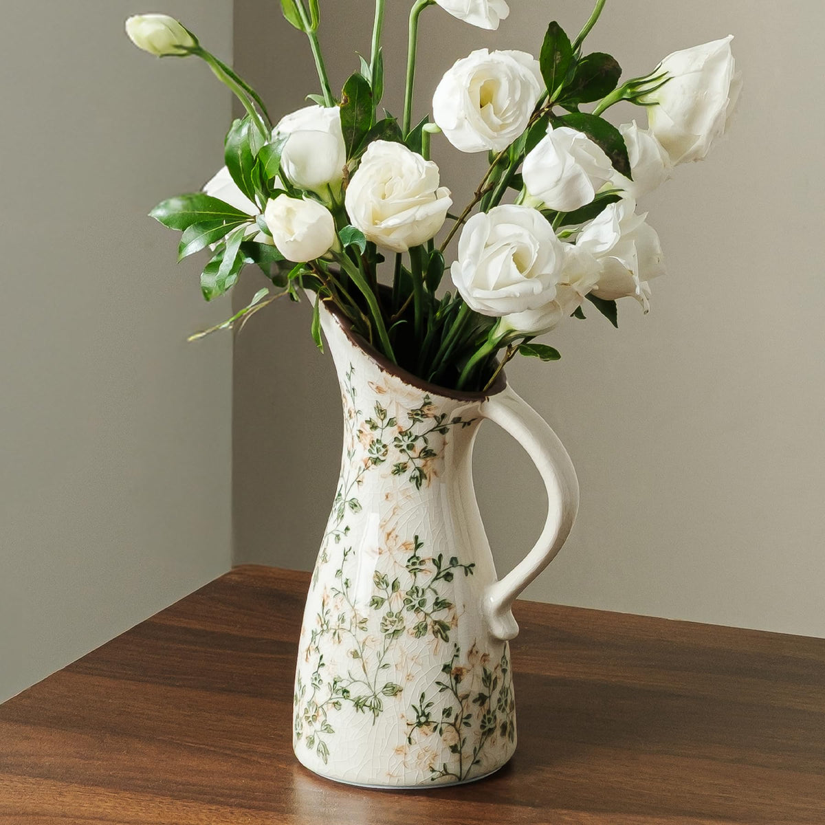 Ceramic Flower Vase for Home Decor, Vintage Green Decorative Vase 6.7 Inch