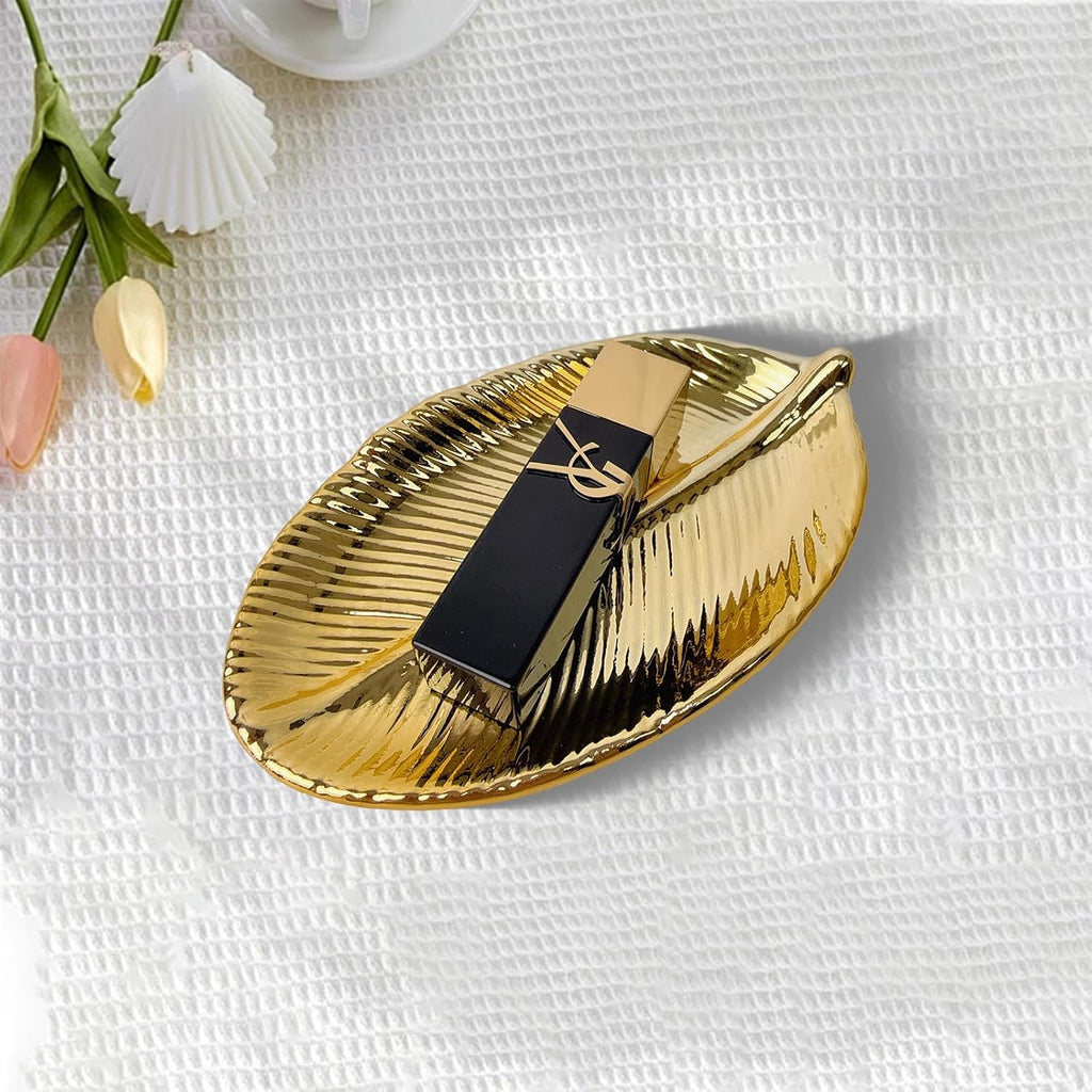 Trinket Dish Decorative Bowl - Jewelry Dish Tray Golden Leaf Shaped Ceramic Ring Bracelet Necklace Holder for Birthday Party Wedding Womens Ladies Girls Small