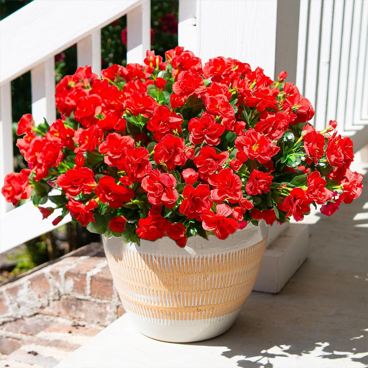 HyeFlora Artificial Fake Flowers for Outdoor Outside Spring Decoration, Fake Silk Red Camellia Flower UV Resistant Realistic Plants for Planter Front Door Porch Patio Table Indoor, 3 Large Bundles