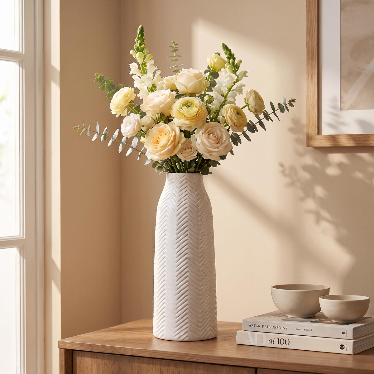 hjn White Vase for Flowers Ceramic Vase for Decor, Modern Decorative Tall Vases for Your Kitchen/Office/Living Room/Bookshelf/Mantel - White Texture(Medium)
