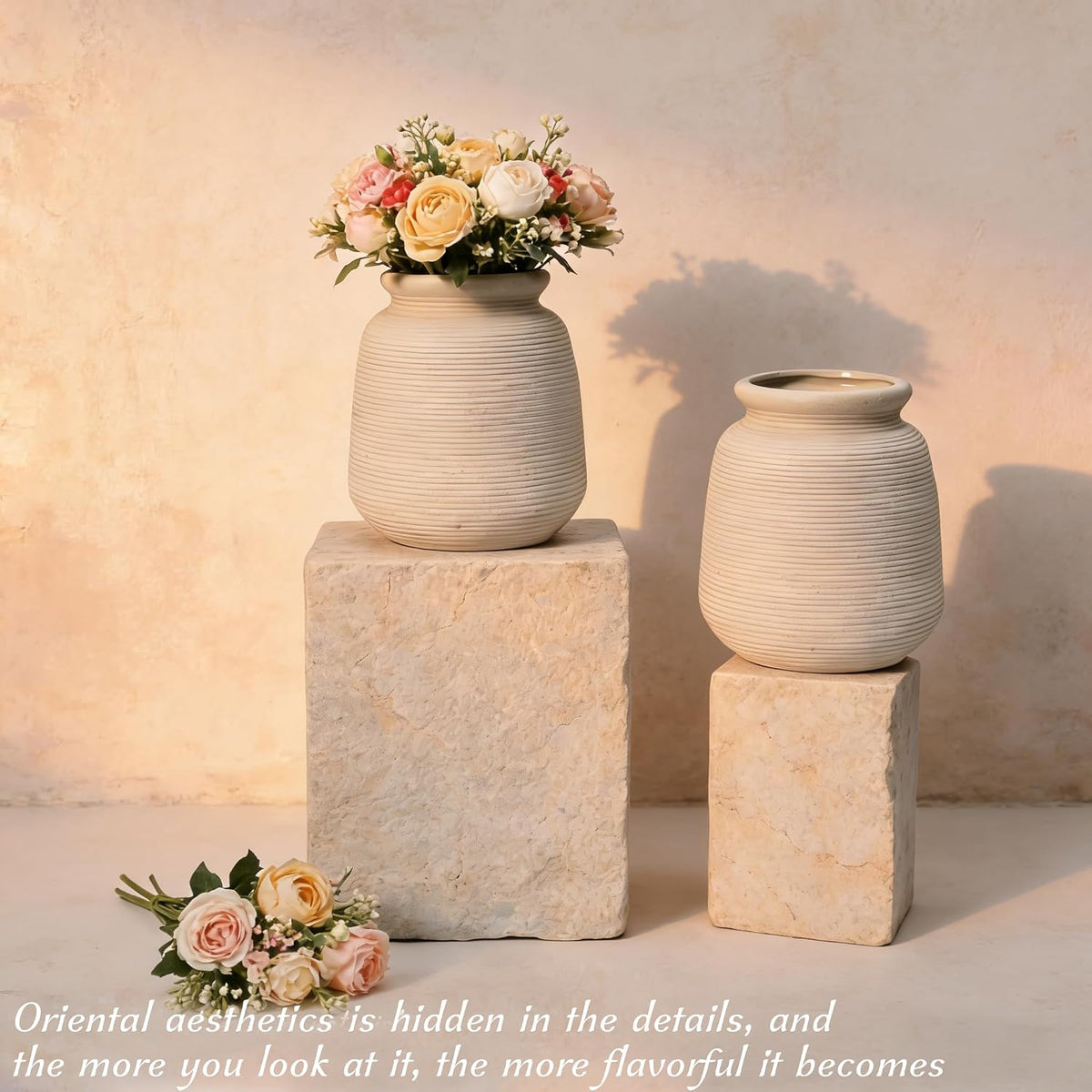 Ceramic Vase Set of 2 Ribbed Matte Rustic Farmhouse Decor