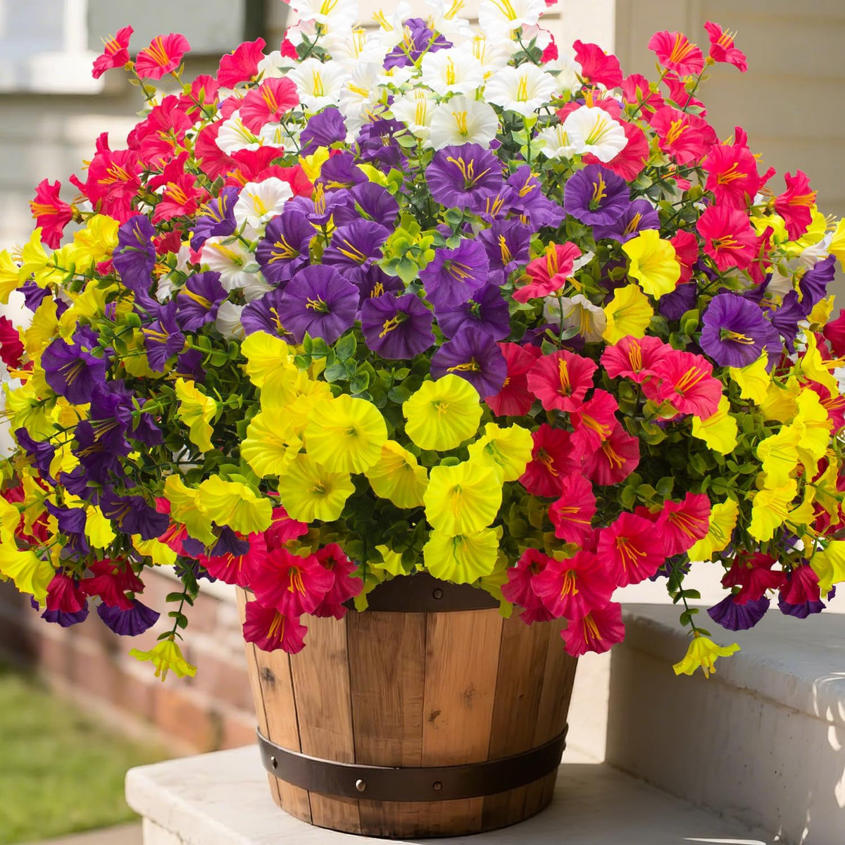 Grunyia 16 Bundles UV Resistant Artificial Morning Glory Flowers - Faux Silk Plastic Fake Flowers with Green Foliage for Outdoor Indoor Porch Patio Planter Yard Garden Home Decor