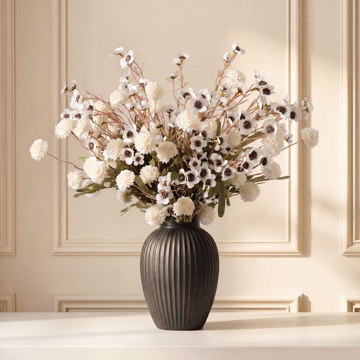 Pinkpum 20 Stems Beige Fake Mums & Kiku Artificial Flowers for Vase Decor
