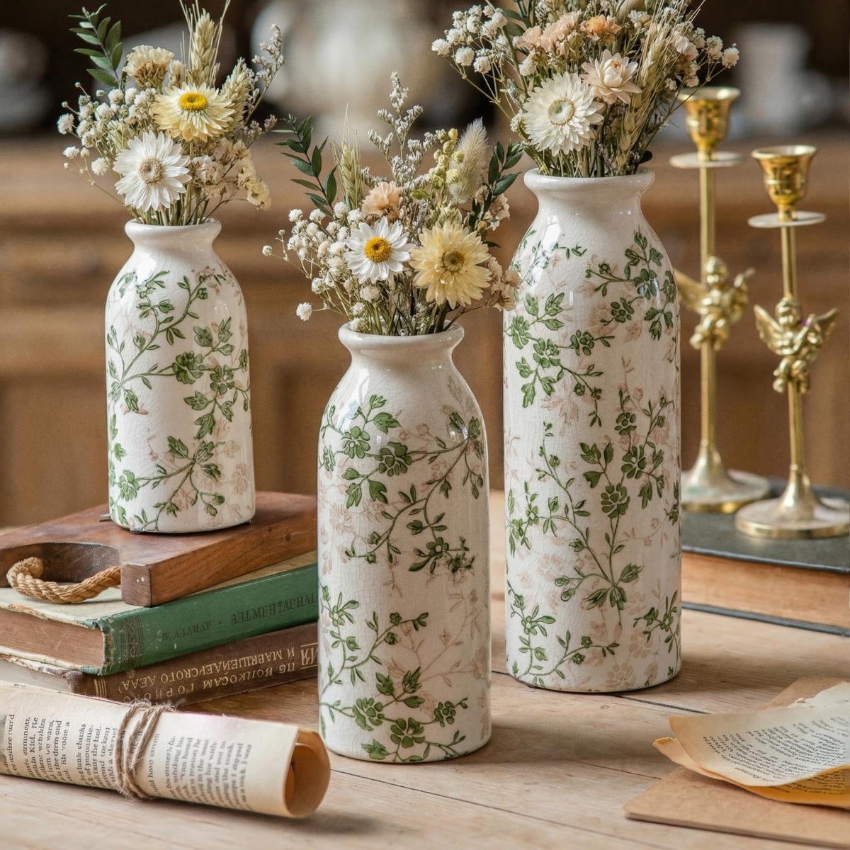 Teweiqi Vintage Vase Set of 3, Ceramic Flower Vases Chinoiserie Decor, Rustic Farmhouse Vases Retro Decorative Vases, for Home Living Room Kitchen Table Mantle Shelf Decor - Green and White