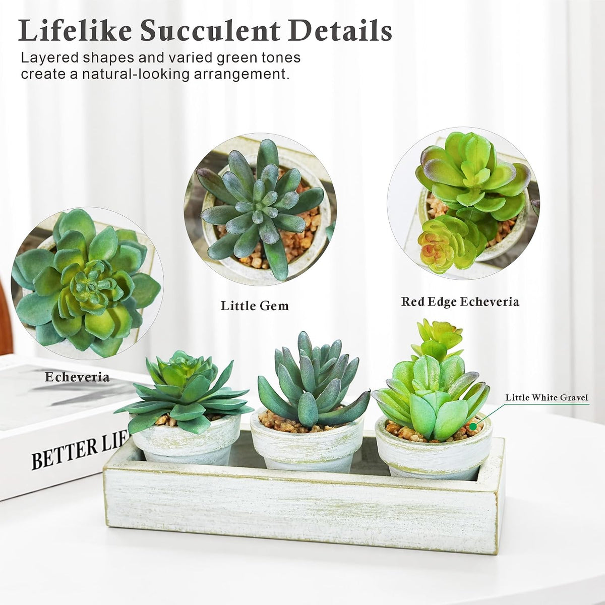 3 Pack Mini Artificial Succulent Plants with Wooden Tray