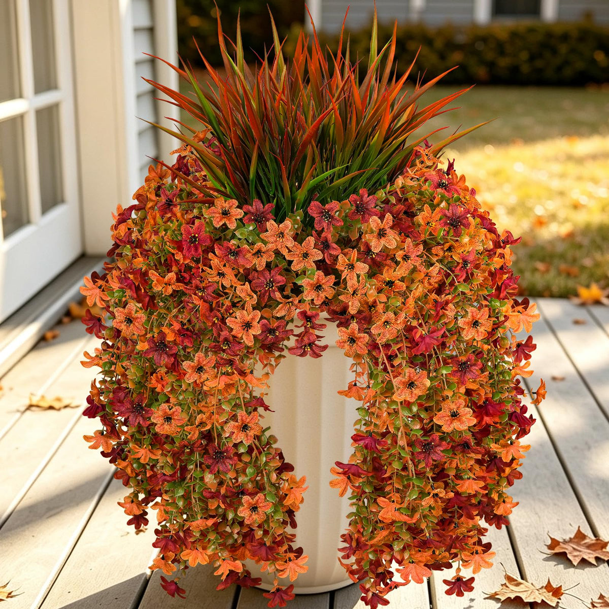 7PCS Artificial Fall Hanging Flowers for Outdoor, Six-Petaled Faux Mums