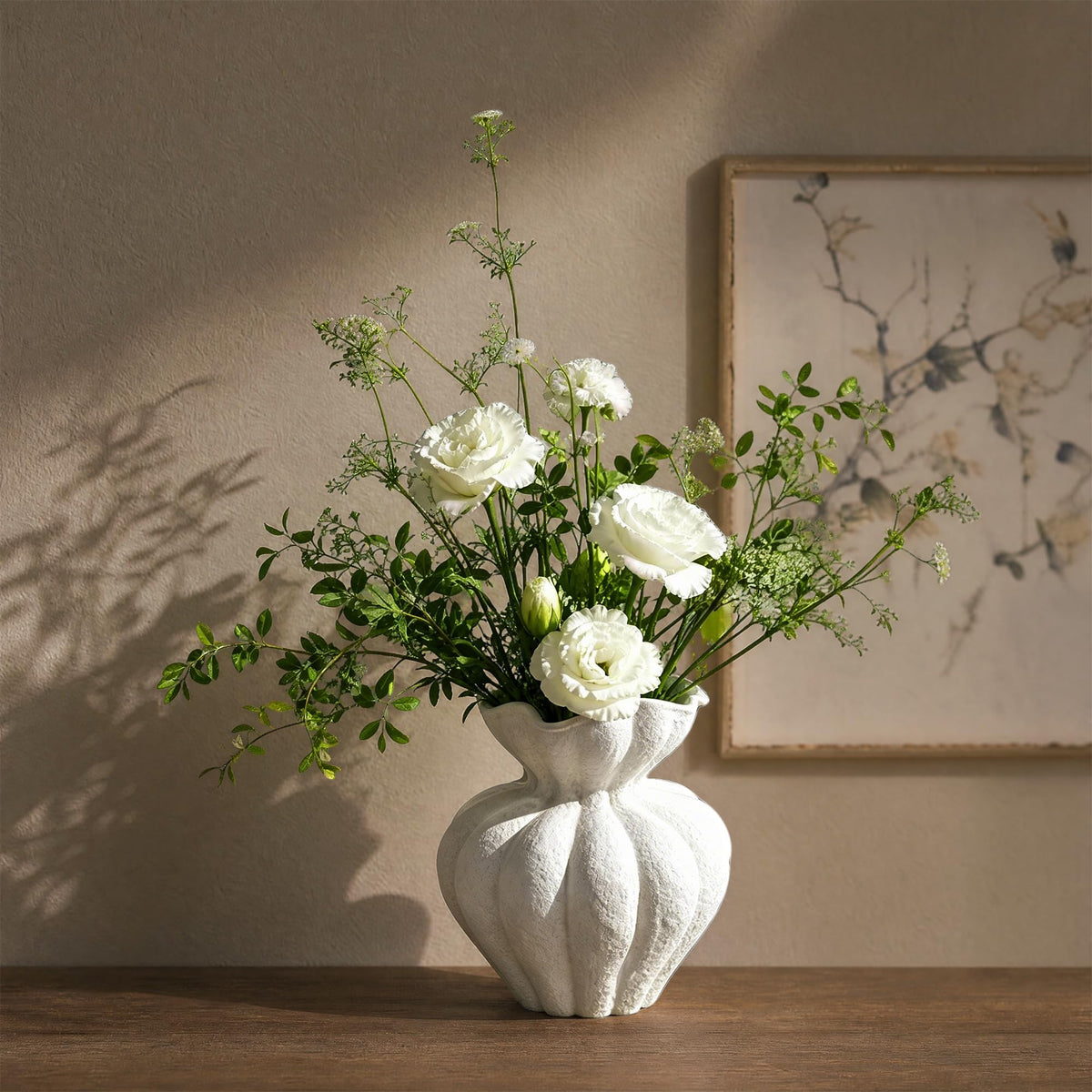 Sylve Ceramic Flower Vase Home Decor, 8.27 Inch White Textured Flower Shaped Vase, Handmade Modern Minimalist Decor for Table Centerpiece Living Room