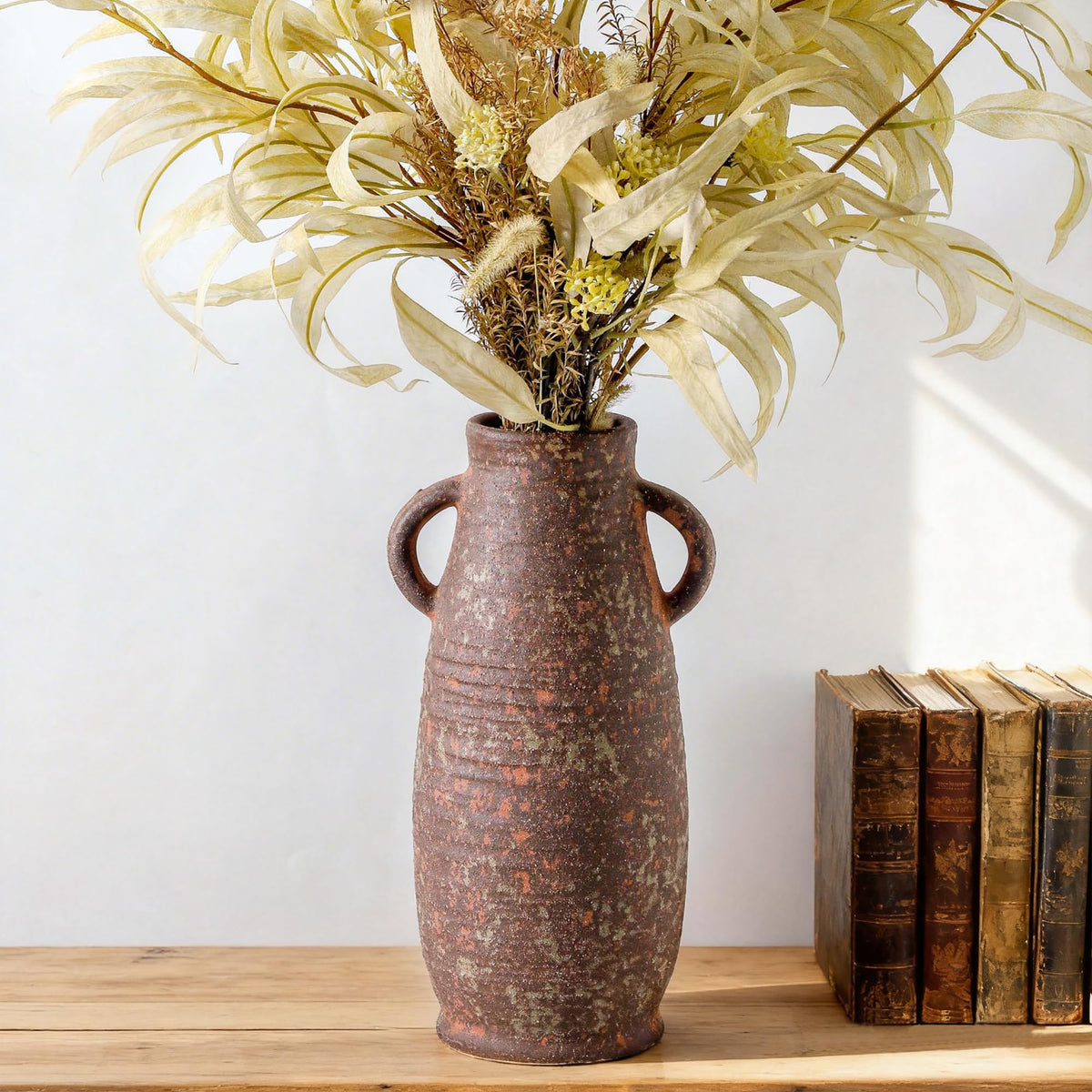 Ceramic Flower Vase, 7.4 Inch Rustic Farmhouse Pottery Decor