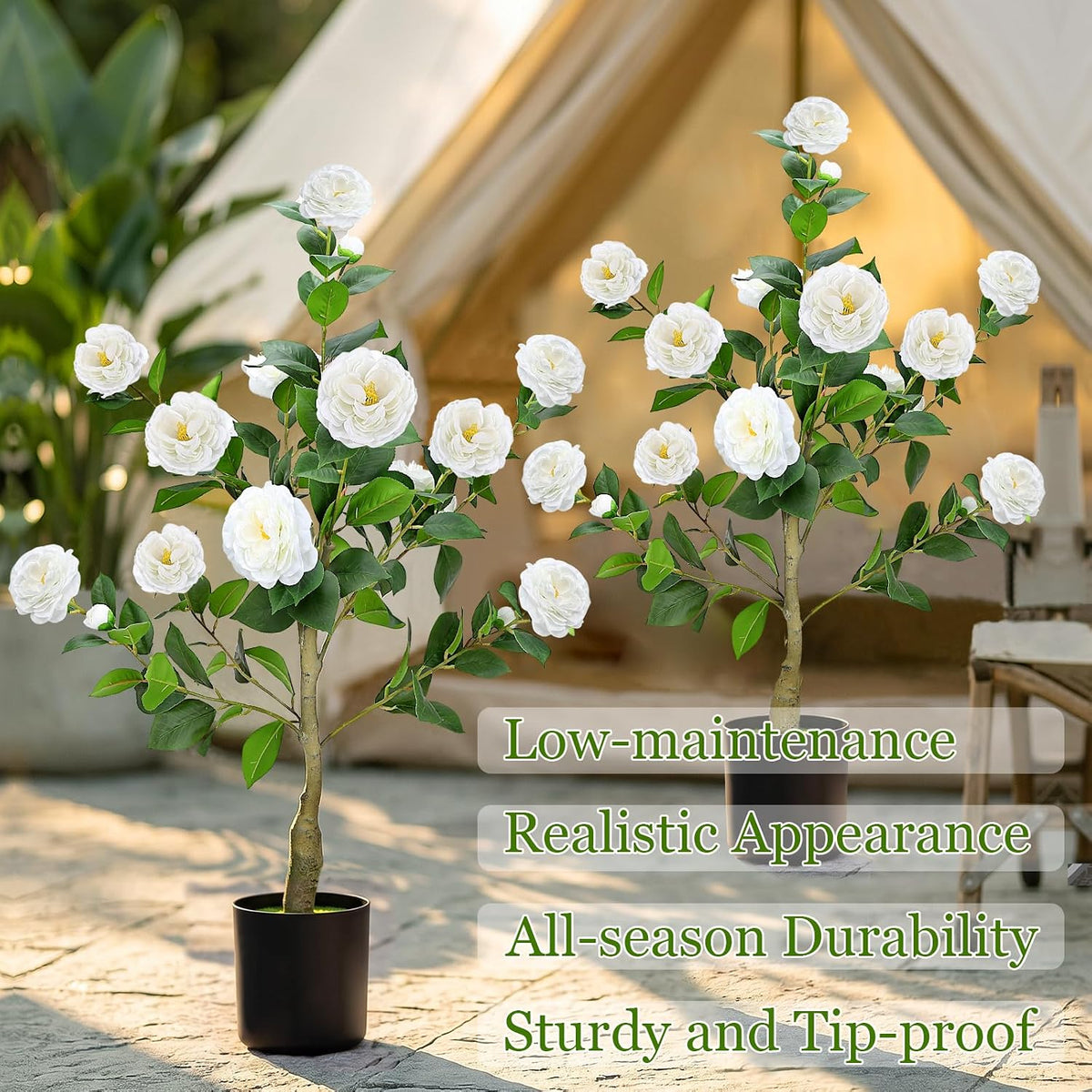 2 Pack 3FT Artificial Camellia Trees with White Flower for Outdoor