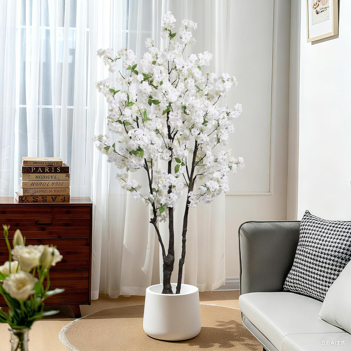 Artificial White Cherry Blossom Tree 6ft(72in) Faux Plant for Indoor Decor