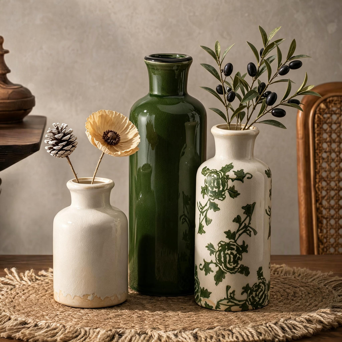 Ceramic Vintage Vase Set of 3, Green and White Crackle Glaze, Chinoiserie Floral Decor for Farmhouse Shelf, Table Centerpiece, Mantel, Living Room & Office
