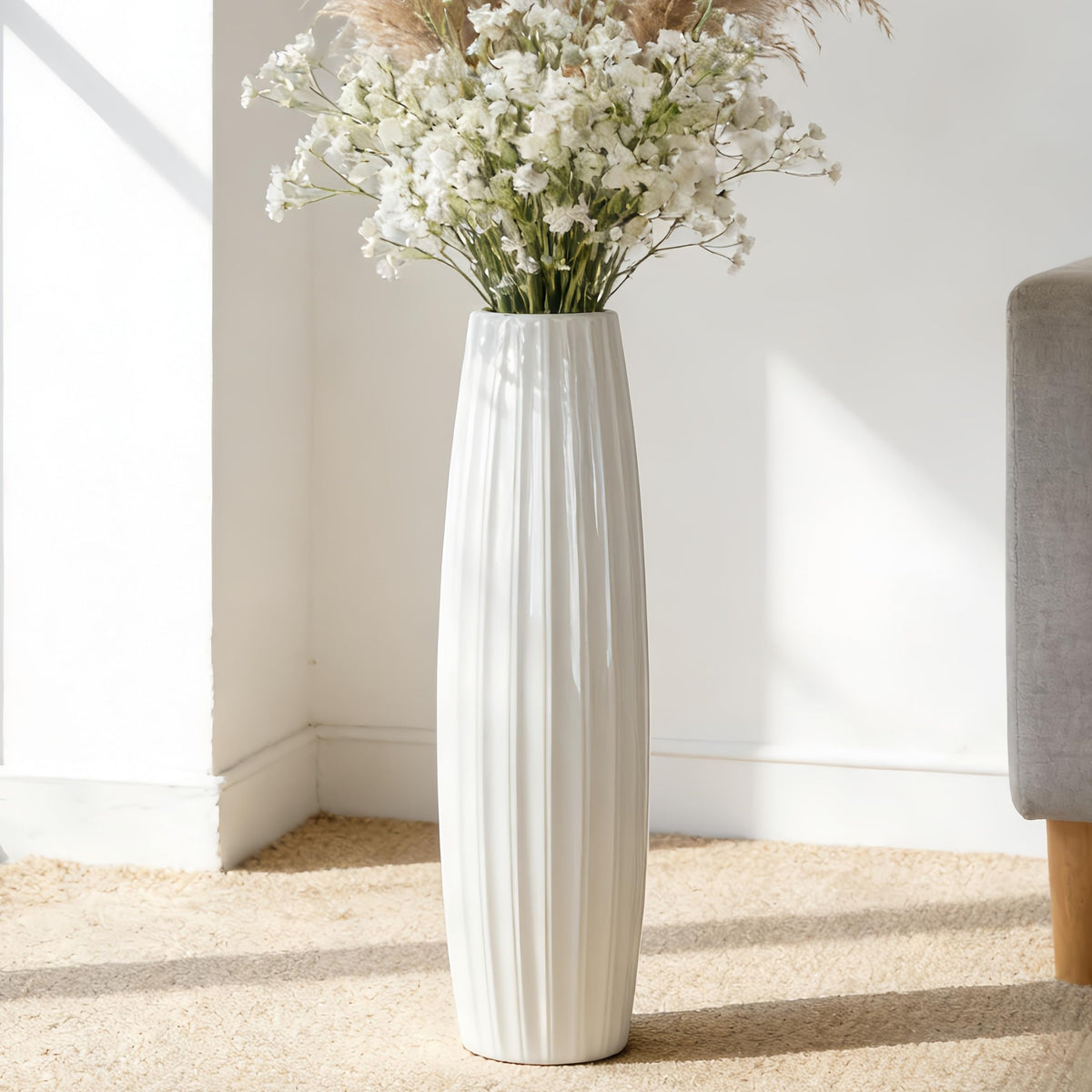 Large White Ceramic Vase, 17.7" Tall Floor Vase for Pampas Grass