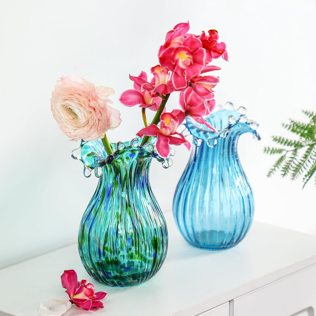 Green Glass Bubble Vase for Flowers, 8.5" Blown Glass Vase for Home Decor