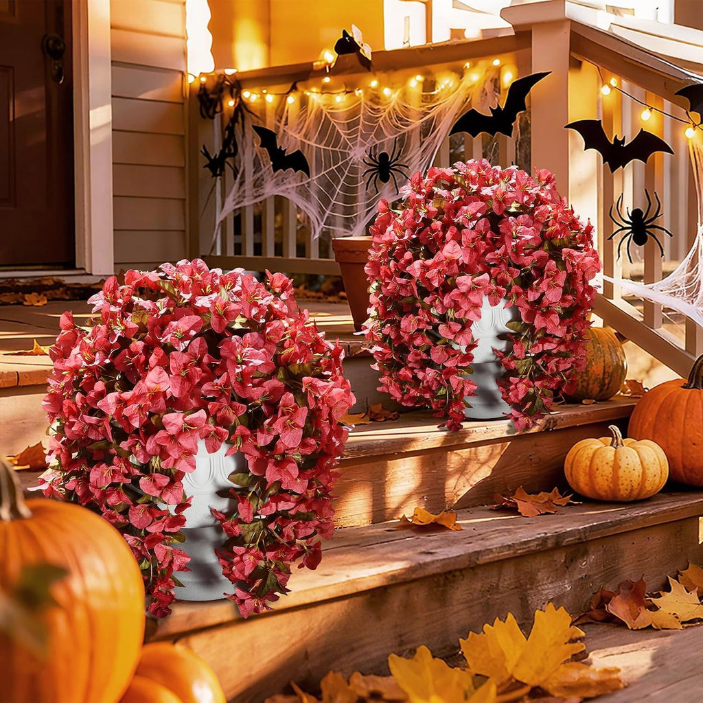 Bougainvillea Artificial Flowers for Outdoors Fake Plants Fall Autumn Decor, 2 pcs Faux Long Trailing Vines UV Resistant Look Real Red Silk Flowers for Outside Planter Front Door Porch Urn Yard Patio