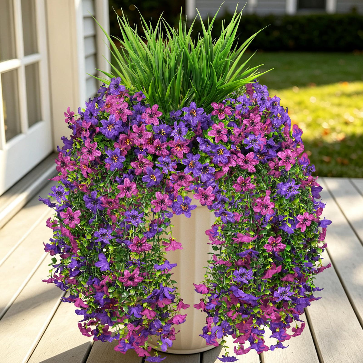 7PCS Artificial Fall Hanging Flowers for Outdoor, Six-Petaled Faux Mums