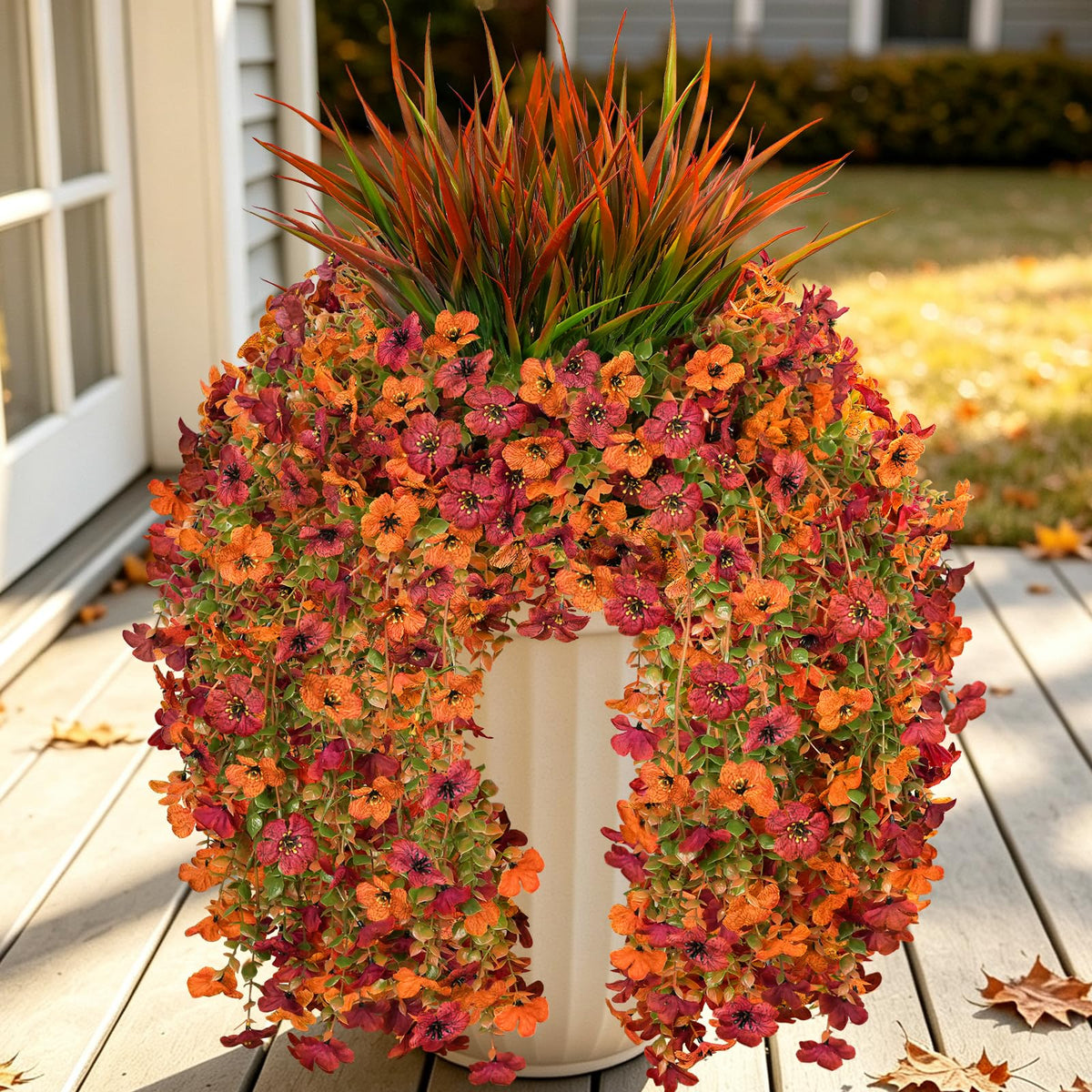 7PCS Artificial Fall Hanging Flowers for Outdoor, Six-Petaled Faux Mums