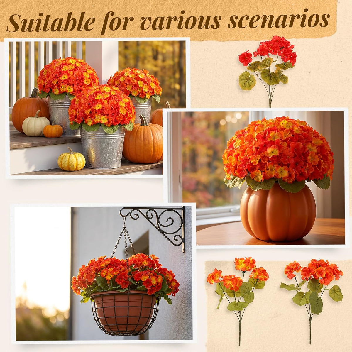 12Pcs Artificial Geraniums for Outdoor, Fall Silk Fake Flowers