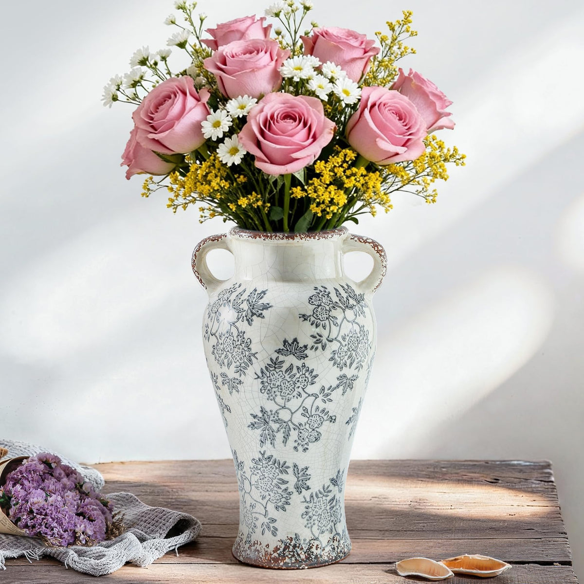 Enra Blue and White Ceramic Vase with Handles, Chinoiserie Floral Decor