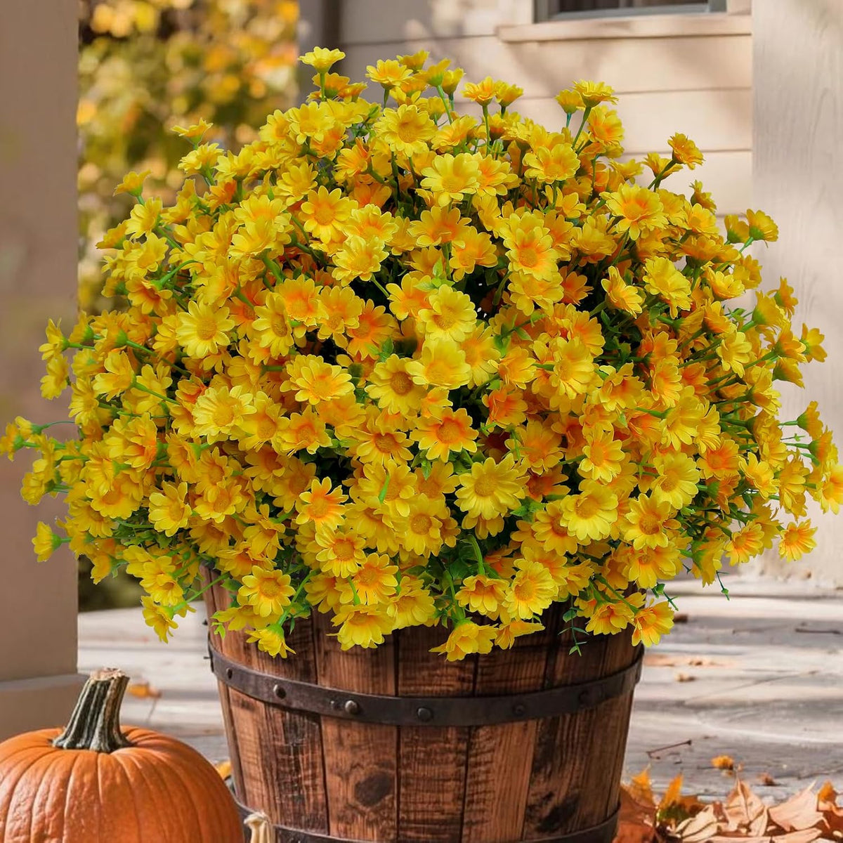 alyptus Fake Flowers Yellow Fall Flowers for Outdoors - 8 Bundles Artificial Mums UV Resistant for Home Garden Window Fall Decor