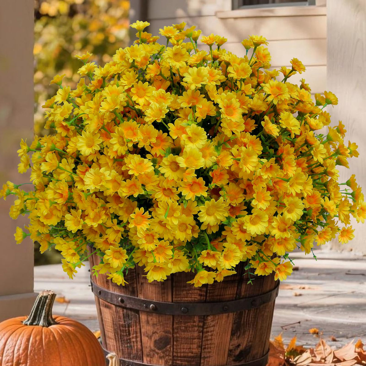 alyptus Fake Flowers Yellow Fall Flowers for Outdoors - 8 Bundles Artificial Mums UV Resistant for Home Garden Window Fall Decor