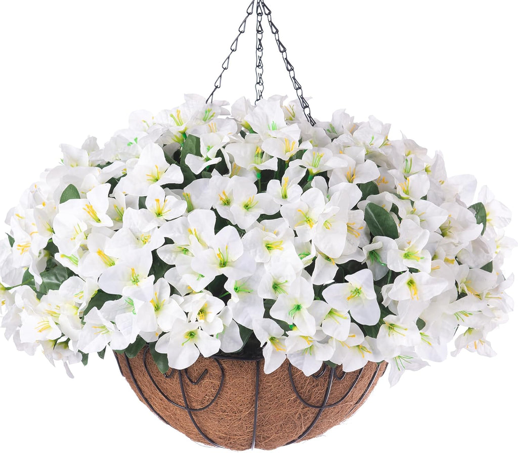 Artificial Hanging Flowers Faux Plants Basket for Outdoors Fall Winter Decor, Fake Silk Bougainvillea in Planter Outdoor Look Real UV Resistant Faux Flower for Outside Porch Patio Garden Home, White